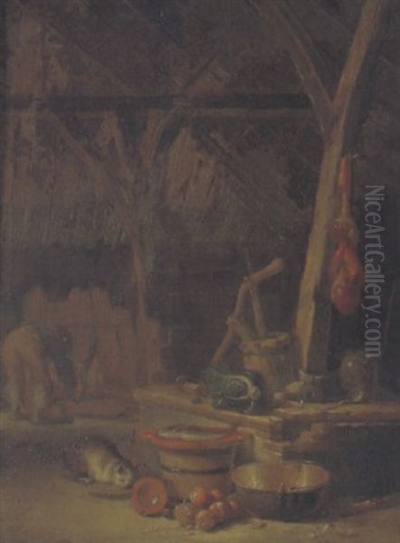 Eine Scheune Mit Geschirr, Geraten, Einer Katze, Im Hintergrund Ein Bauer, Der Ein Schwein Futtert Oil Painting by Egbert van der Poel