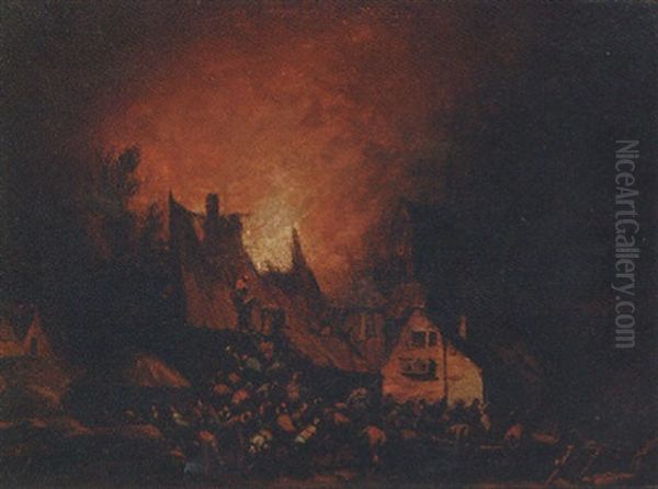 A Village On Fire Oil Painting by Egbert van der Poel