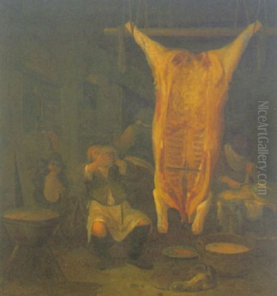 Interieur Mit Figuren Und Geschlachtetem Ochsen Oil Painting by Egbert van der Poel