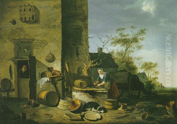 Scene Dans Une Cour De Ferme Oil Painting by Egbert van der Poel
