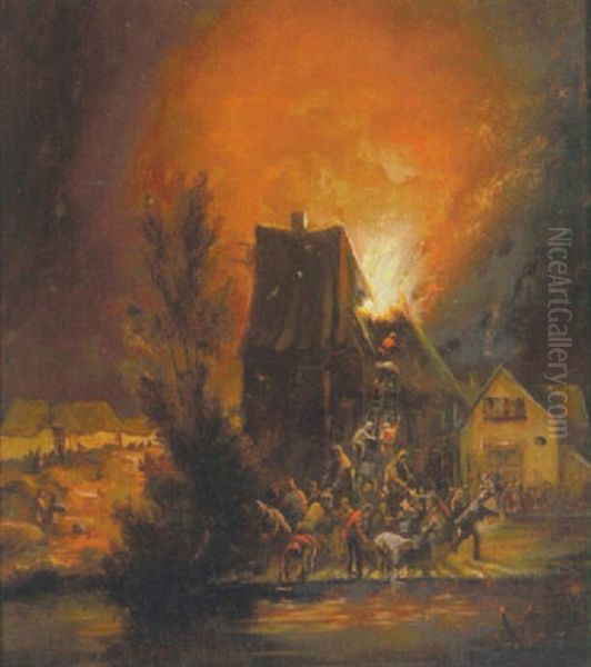 Natlig Scene Med Landsbyens Folk, Der Forsoger At Slukke En Brand Oil Painting by Egbert van der Poel