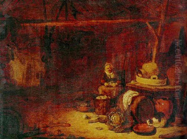 Kitchen Interior With A Peasant Woman Peeling Vegetables Oil Painting by Egbert van der Poel