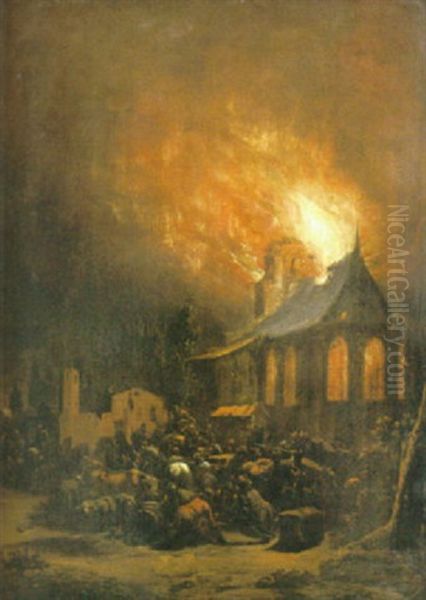 Manniskor Och Djur Samlade Framfor Brinnande Kyrka Oil Painting by Egbert van der Poel