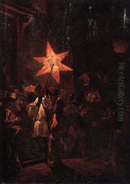 A Village Street Scene At Night With Figures Holding Lanterns Oil Painting by Egbert van der Poel