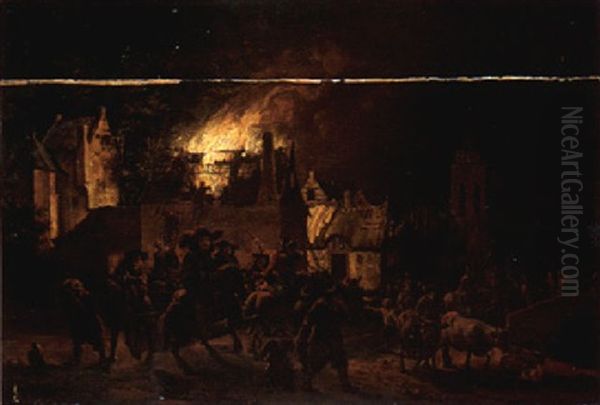 A Night Scene With Soldiers Setting A Village On Fire And Driving Out Its Inhabitants Oil Painting by Egbert van der Poel
