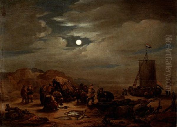A Beach Scene By Moonlight Oil Painting by Egbert van der Poel