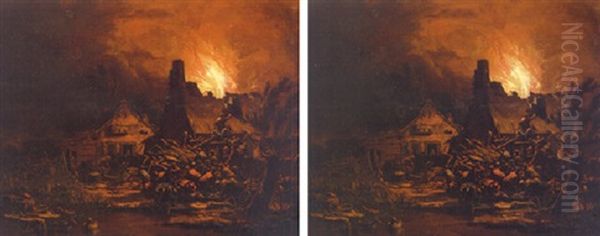 Villages Burning At Night Oil Painting by Egbert van der Poel