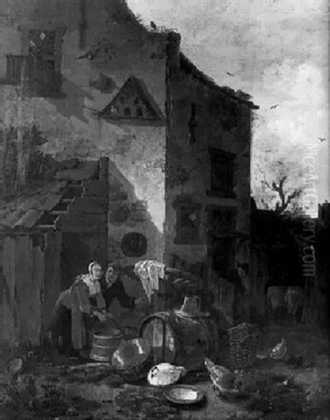 La Fermiere Courtisee A L'interieur De La Cour De Ferme Oil Painting by Egbert van der Poel