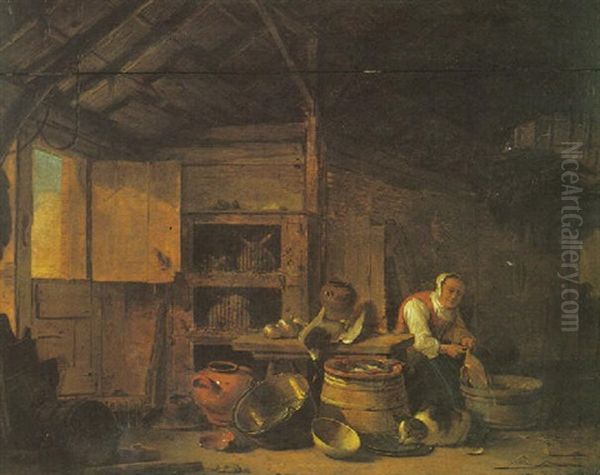 An Interior With A Still Life Of Kitchen Utensils, A Cat, Caged Rabbits And A Maid Plucking A Chicken Oil Painting by Egbert van der Poel