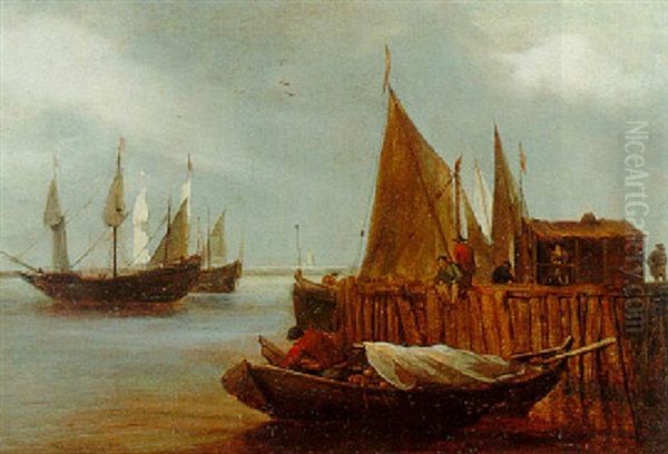 Boats Moored At A Jetty With Two Frigates Beyond Oil Painting by Egbert van der Poel