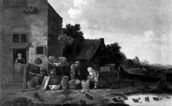 A Milkmaid And A Peasant Boy At Work With Jugs Oil Painting by Egbert van der Poel