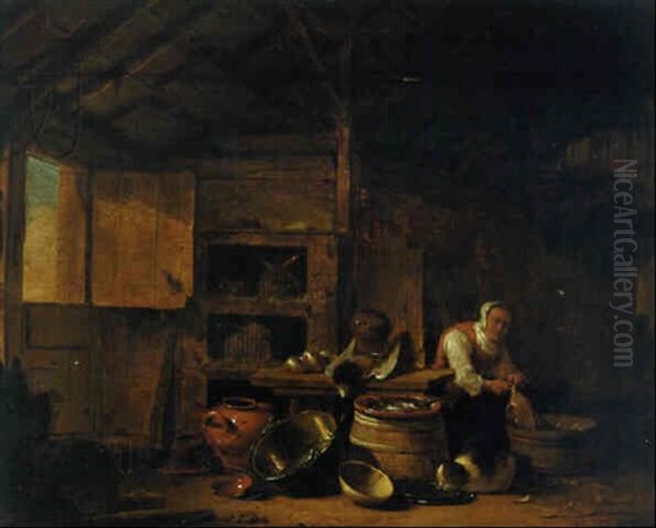 A Woman Plucking A Duck With A Cat In A Barn Oil Painting by Egbert van der Poel