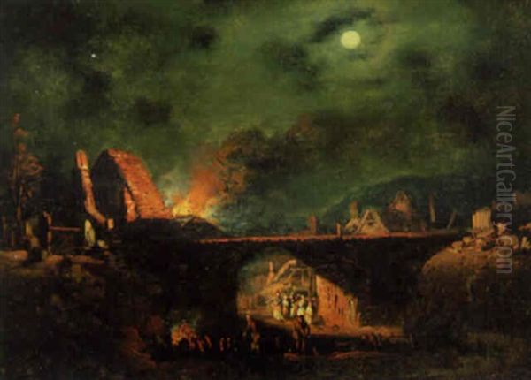Peasants Watching A Fire In A Village By Moonlight Oil Painting by Egbert van der Poel