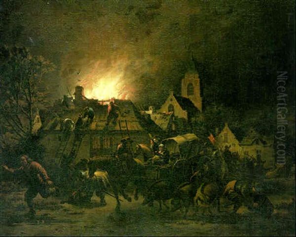 Villagers Fleeing Burning Houses Oil Painting by Egbert van der Poel