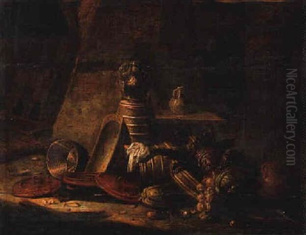 Kitchen Vessels, Cabbages And Other Vegetables Scattered Around A Wooden Table, In An Interior Oil Painting by Egbert van der Poel