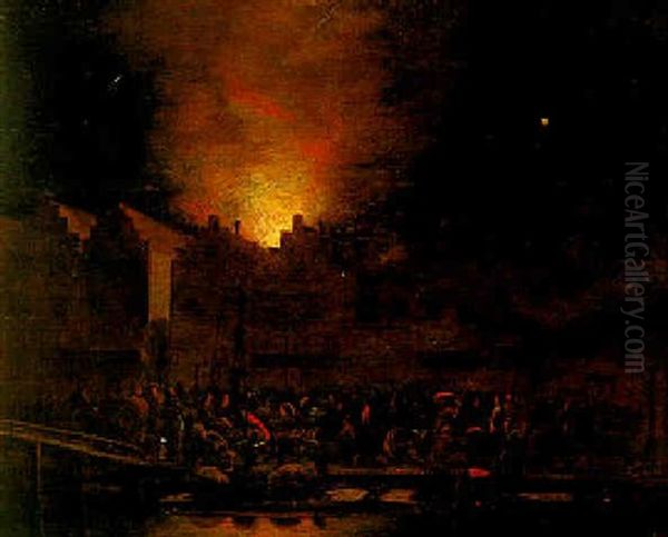 Figures Fighting A Fire In A City At Night Oil Painting by Egbert van der Poel