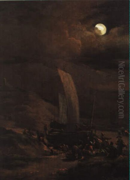 Nachtliche Strandansicht Mit Hohen Segeln Bei Stiller See Oil Painting by Egbert van der Poel