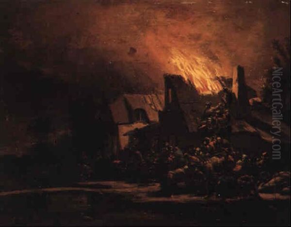 Burning Farmhouse With Villagers Oil Painting by Egbert van der Poel