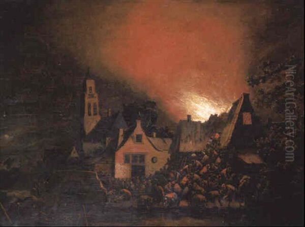 A Townhouse Ablaze At Night With Peasants Fire-fighting Oil Painting by Egbert van der Poel