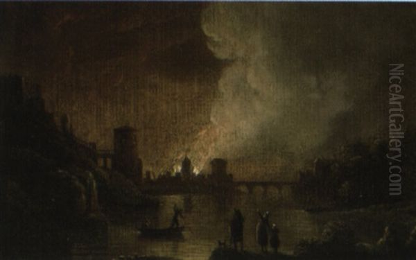Fire In A River Town At Night Oil Painting by Egbert van der Poel