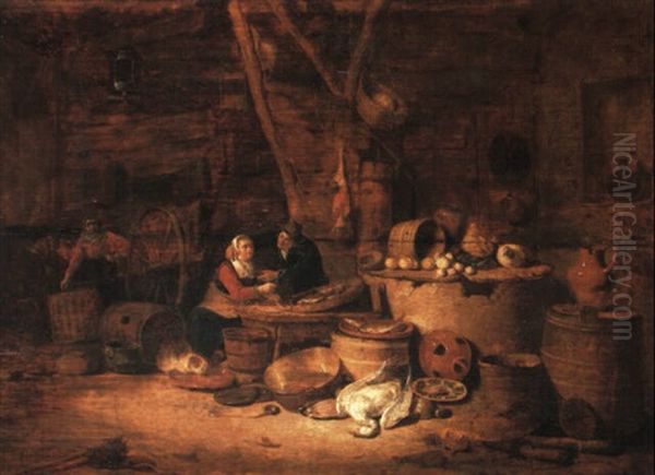 Kitchen Interior With A Couple Embracing Amid An Extensive Still Life Oil Painting by Egbert van der Poel