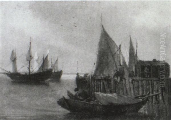 Fisherman Working On His Boat Moored To A Quay Oil Painting by Egbert van der Poel