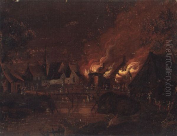 Stadsvy Med Nattlig Eldsv+da Oil Painting by Egbert van der Poel