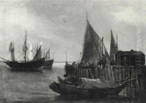 Boat Moored To Quay Where Figures Stroll And Fish Oil Painting by Egbert van der Poel