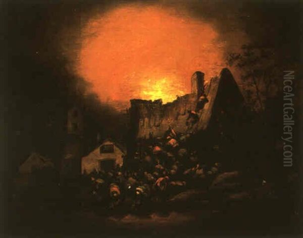 Burning Cottage At Night With People Fetching Buckets Of Water At A Stream Oil Painting by Egbert van der Poel