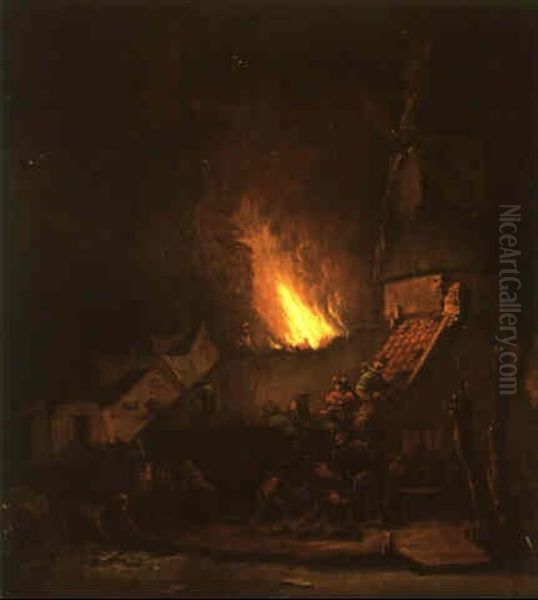 Burning Cottage At Night With Men Fighting A Fire Oil Painting by Egbert van der Poel