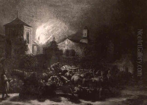A Burning Town At Night Oil Painting by Egbert van der Poel