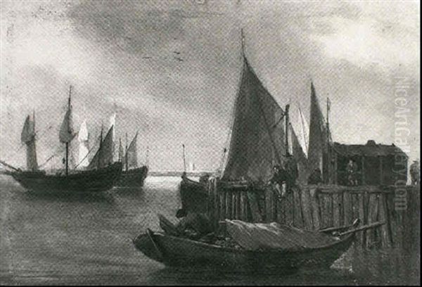 A Fisherman Working On His Boat Moored To A Quay Where      Other Figures Stroll And Fish Oil Painting by Egbert van der Poel