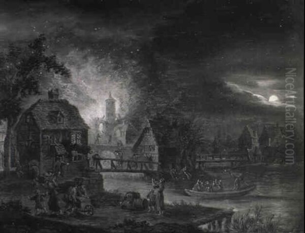 A Moonlit River Landscape With A Village Fire Oil Painting by Egbert van der Poel