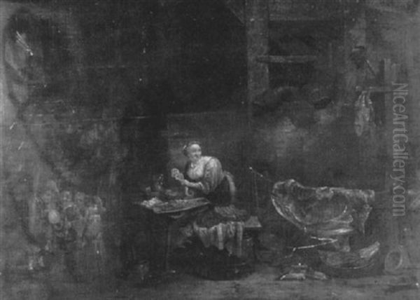 A Woman Preparing Food In The Kitchen Interior With Children Playing Nearby Oil Painting by Egbert van der Poel