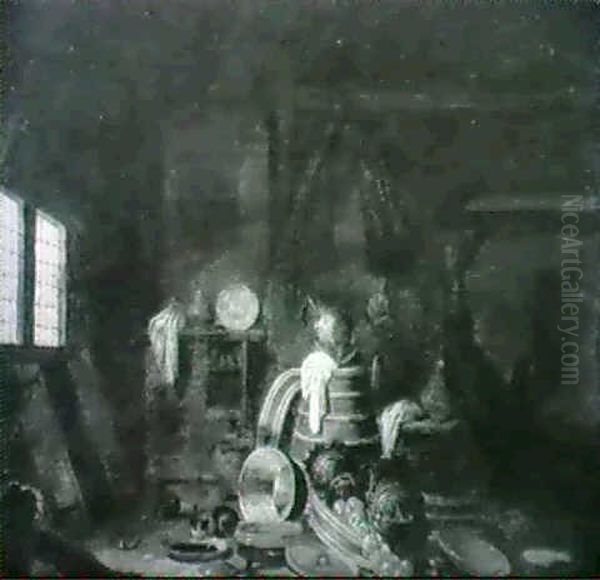 Interior With A Maid And Kitchen Utensils Oil Painting by Egbert van der Poel