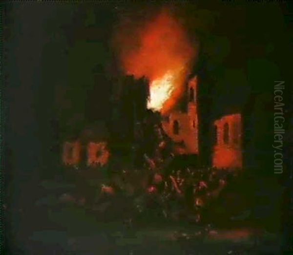 Nachtliche Feuerbrunst In Einem Dorf. Oil Painting by Egbert van der Poel