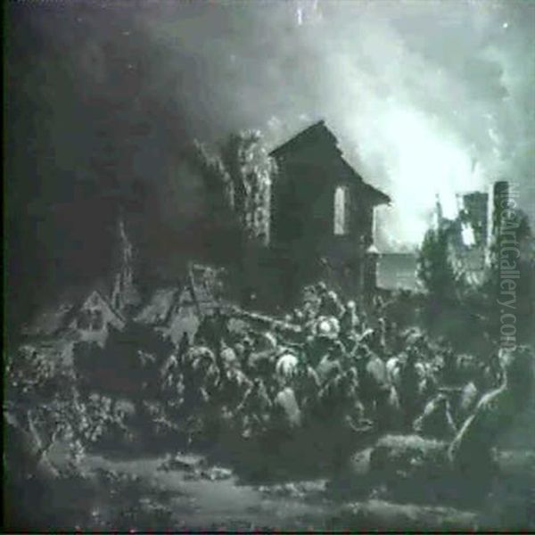 Nachtliche Feuersbrunst Und Fliehende Bauern Vorn Oil Painting by Egbert van der Poel