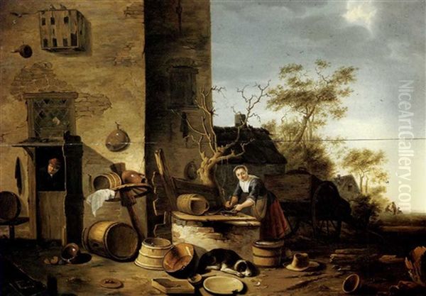 A Woman Cleaning Fish Before A Farmhouse Oil Painting by Egbert van der Poel