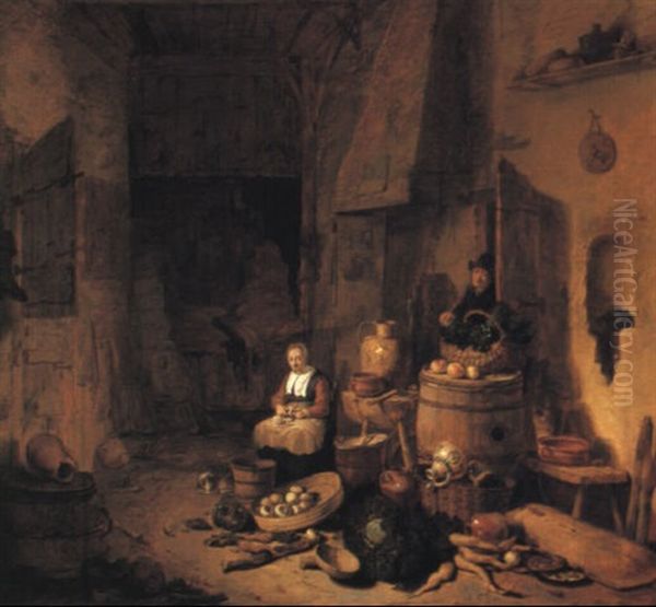 Cottage Interior With A Maid Peeling Turnips And A Man Approaching Oil Painting by Egbert van der Poel