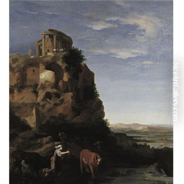 An Extensive Landscape With Herdsmen And Cattle Near Ruins, The Temple Of The Sybil On A Rock Beyond Oil Painting by Cornelis Van Poelenburgh