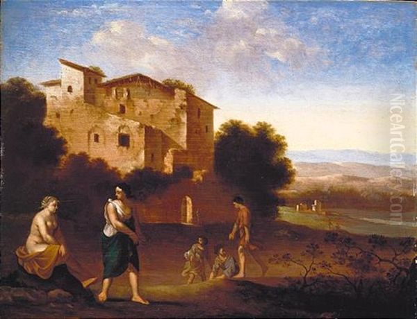 A Rocky River Landscape With Travellers, A Classical Temple Beyond Oil Painting by Cornelis Van Poelenburgh