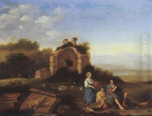 An Italianate Landscape With Peasants And Cattle By Classical Ruins Oil Painting by Cornelis Van Poelenburgh