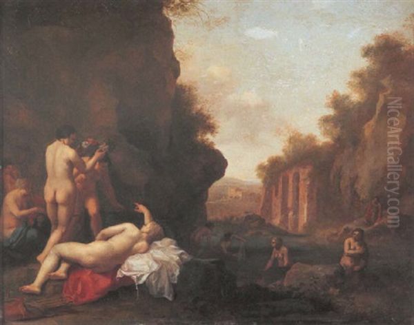 Diana And Her Nymphs Bathing, Surprised By Actaeon Oil Painting by Cornelis Van Poelenburgh