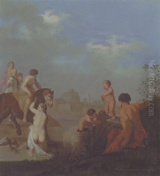 The Flight Of Cloelia, With A Capriccio Of The Castel Sant' Angelo And The Baths Of Caracalla Beyond Oil Painting by Cornelis Van Poelenburgh