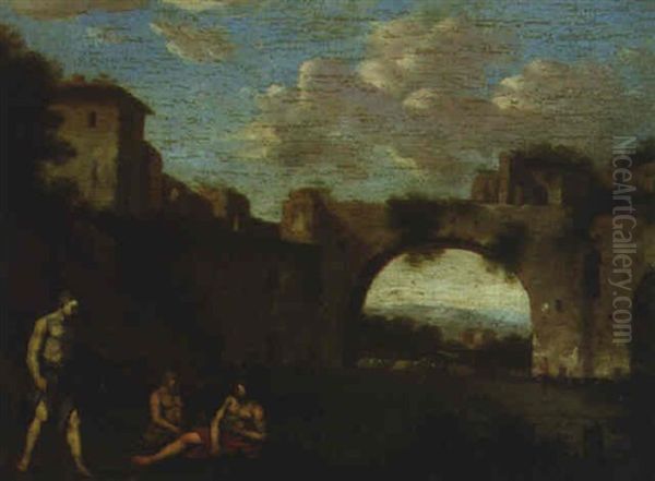 Classical Figures By A Ruined Viaduct Oil Painting by Cornelis Van Poelenburgh