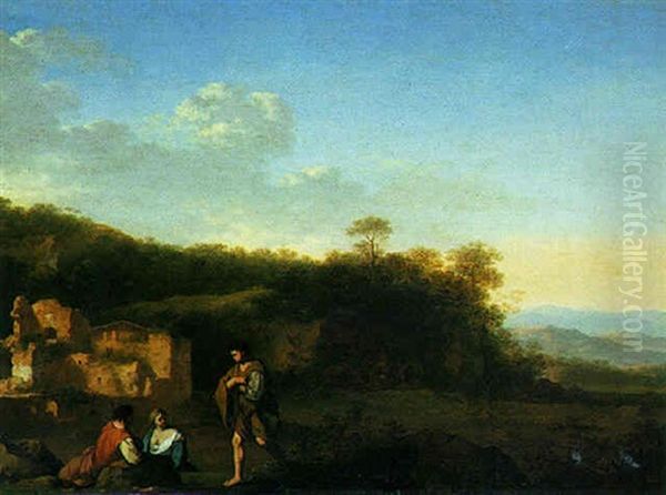 Landscape With Figures Resting Beside Ruins Oil Painting by Cornelis Van Poelenburgh