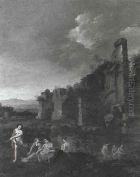 Ruinlandskab Med Badende Kvinder Oil Painting by Cornelis Van Poelenburgh