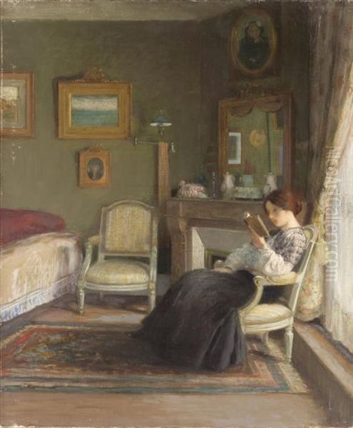 Jeune Femme Lisant Dans Un Interieur Oil Painting by Gustave Poetzsch