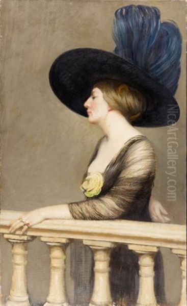 Elegante Au Chapeau Bleu S'appuyant Sur Une Balustrade Oil Painting by Gustave Poetzsch