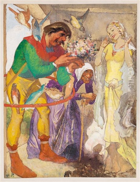 The Witch's Lovelorn Son And Florimell; Britomarf Sees Artagell In The Magic Mirror Oil Painting by Willy Andrew Pogany